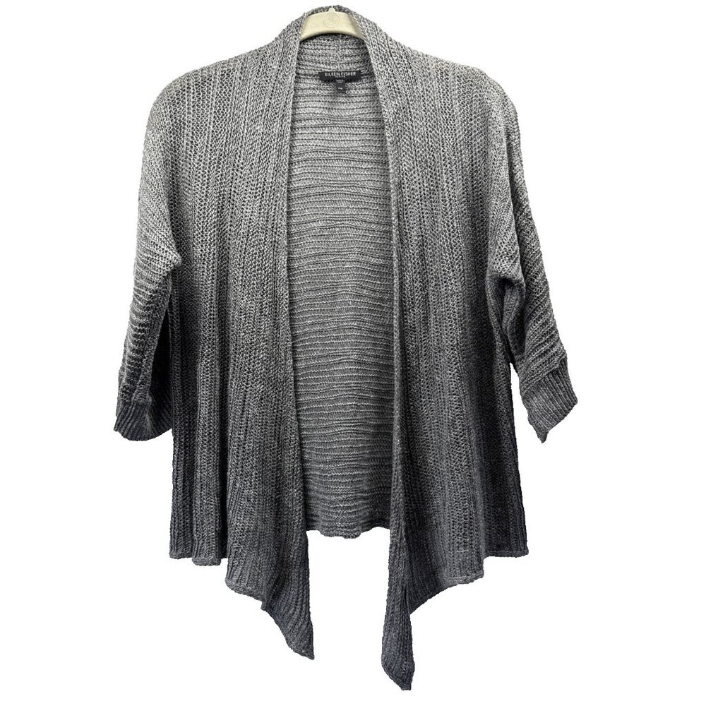 Eileen Fisher Women's Sweater Cardigan Sz Petite M MP Gray Linen Silk 3/4 Sleeve